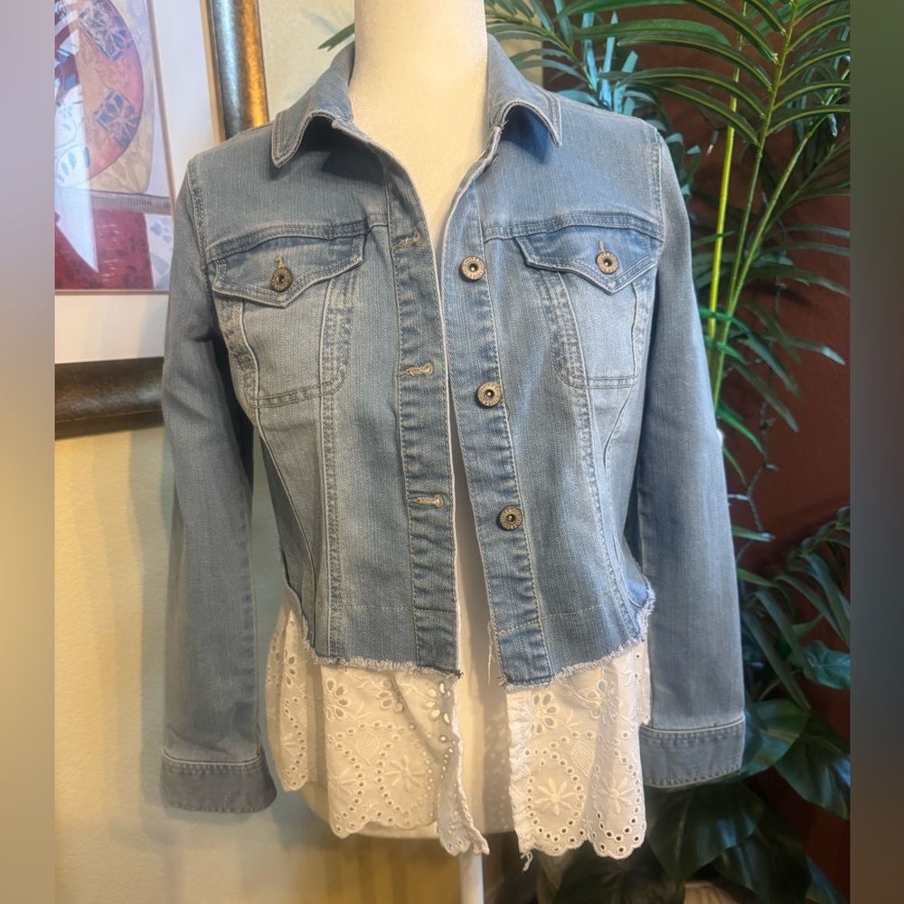 Style & Co. Light Blue Denim Jacket with White Eyelet Trim